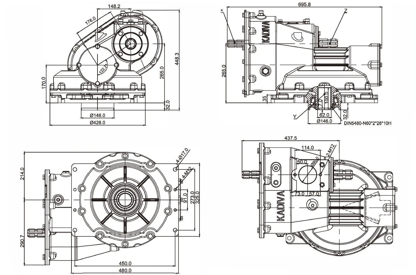 Grader Driven Rake Gearbox EP-DX300-1 Dimensions