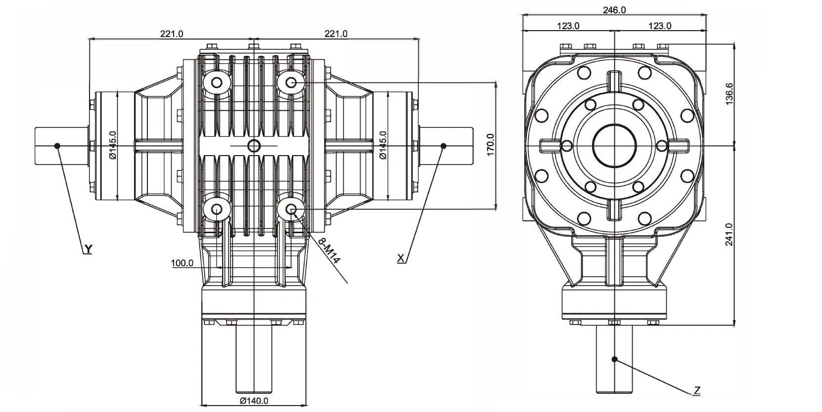 Round Baler Gearbox EP246 Double Output Dimensions