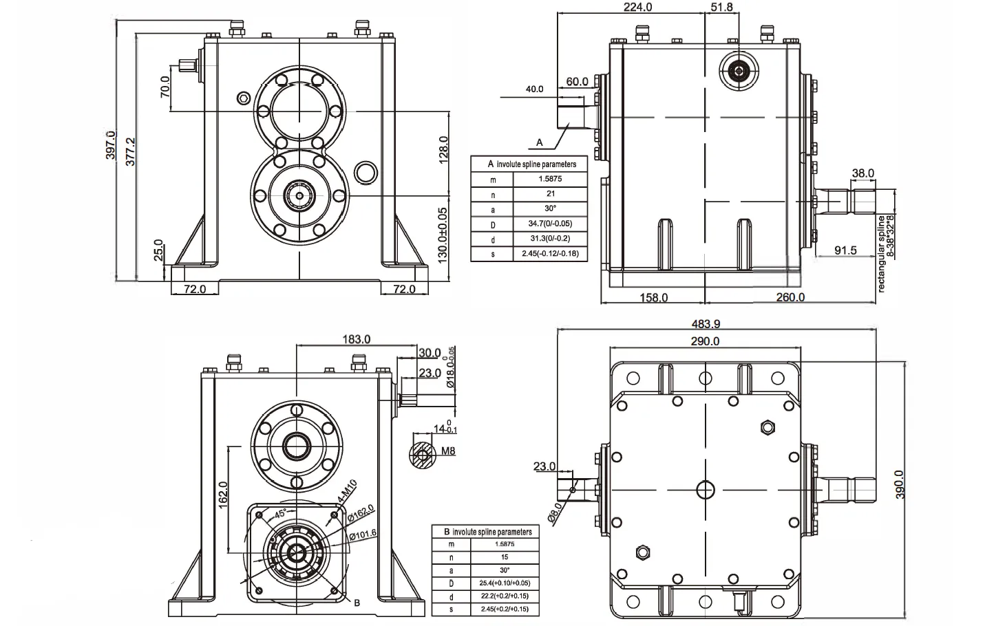Grader Driven Rake Gearbox EP-TBS128 Dimensions