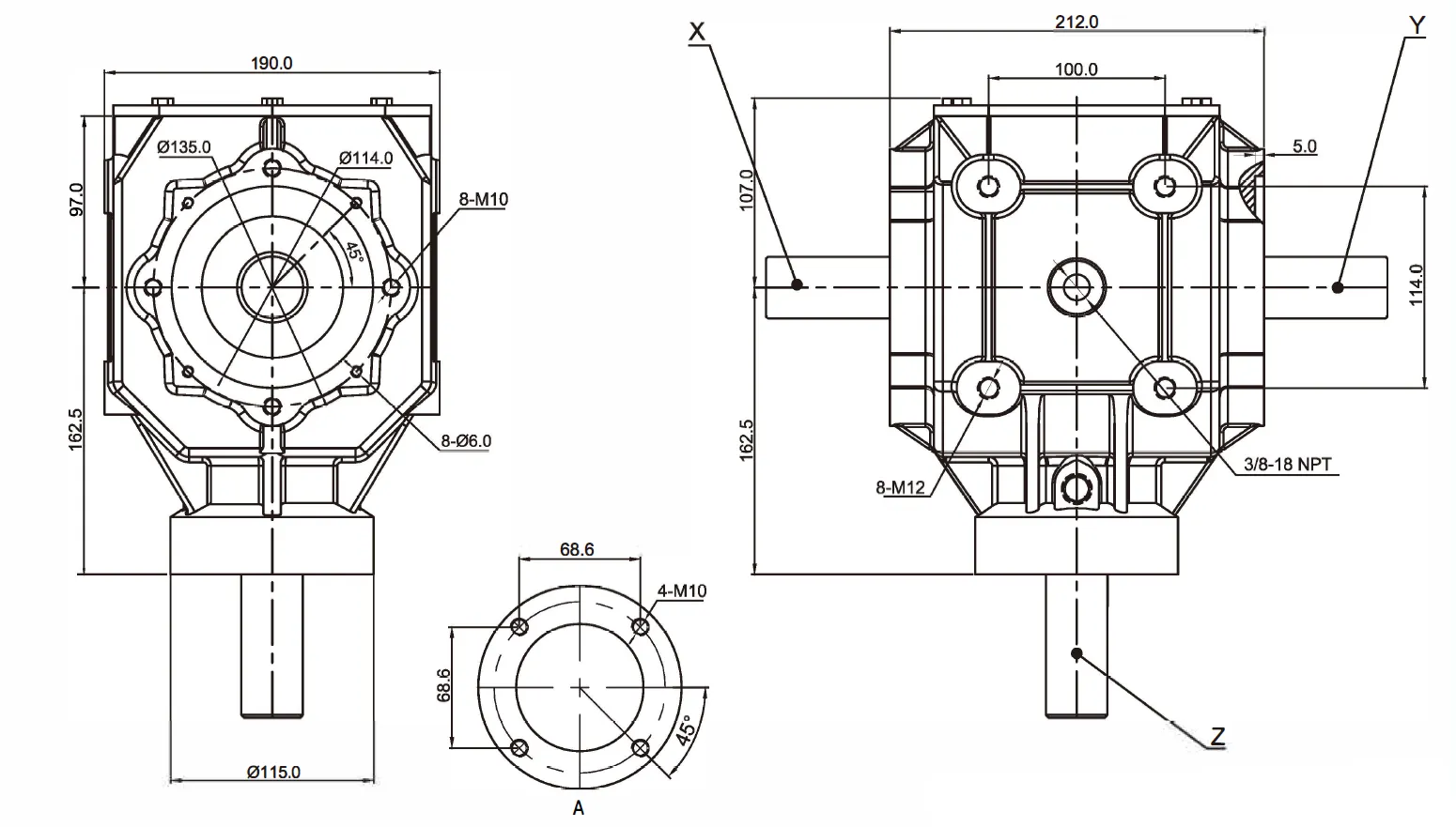 Grader Driven Rake Gearbox EP190 Dimensions