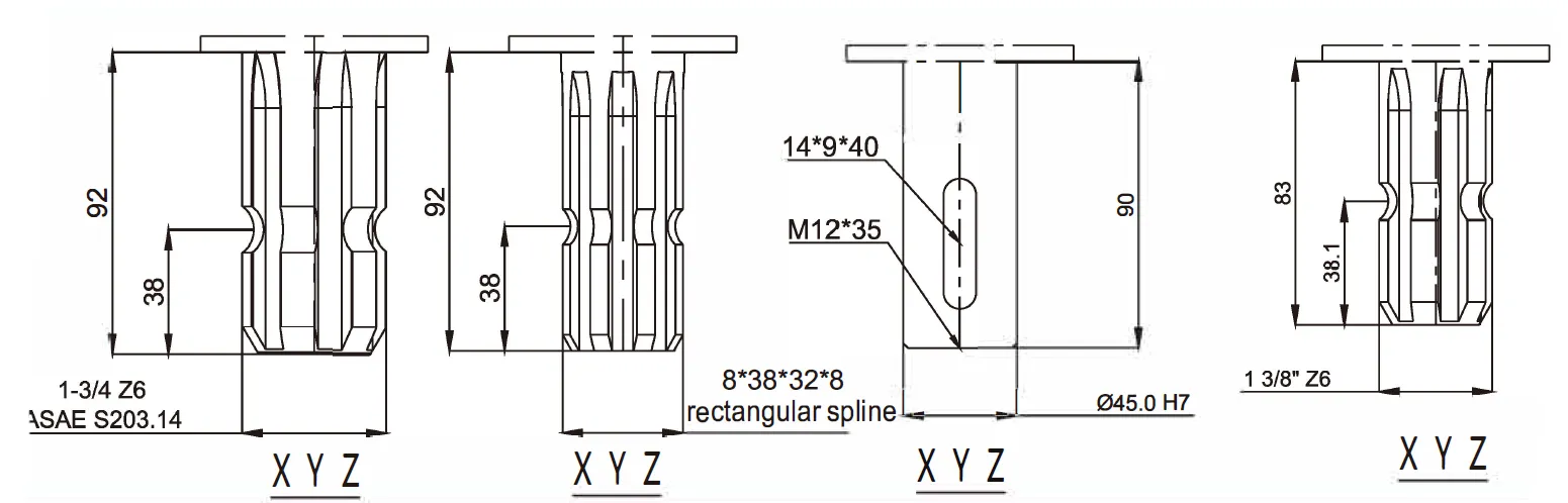 Round Baler Gearbox EP2100-T3 Shaft Dimensions