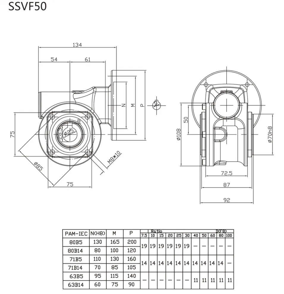 EP-SSVF50 Stainless Steel Reduction Gearbox Dimensions